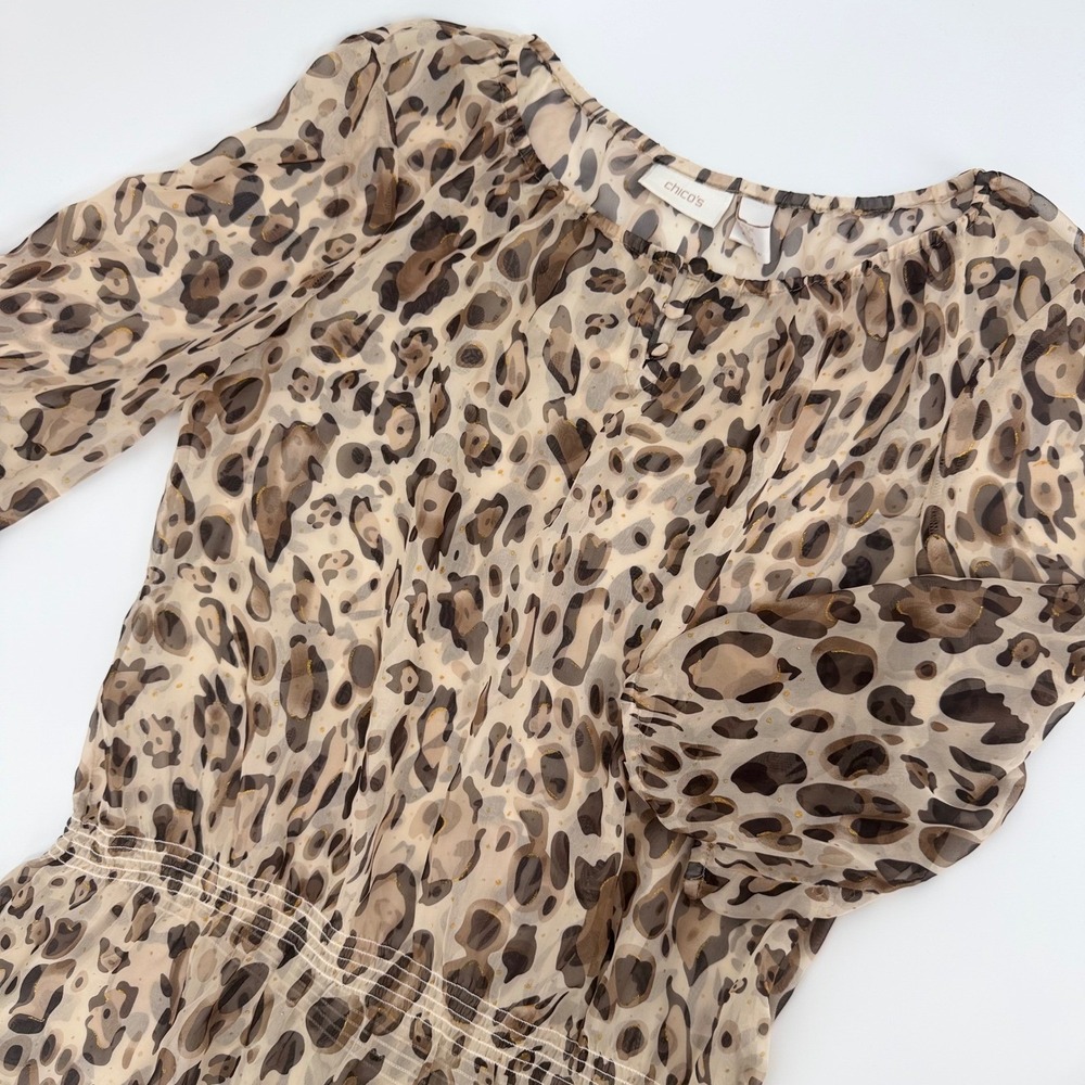 Chicos Leopard Print Sheer Blouse Smocked Waist Metallic Gold Accents Size 1 M